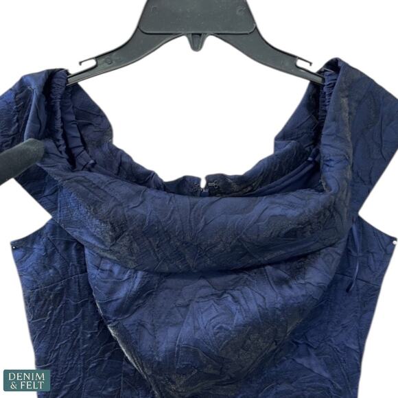 Teri Jon Rickie Freeman Navy Off Shoulder Jacquard Gown Formal Dress 6 Wedding - Picture 11 of 15